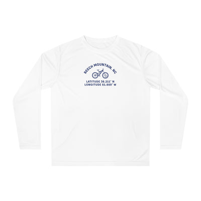 White long-sleeve shirt with mountain bike graphic and text "Beech Mountain, NC - Latitude and Longitude" coordinates