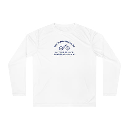 White long-sleeve shirt with mountain bike graphic and text "Beech Mountain, NC - Latitude and Longitude" coordinates