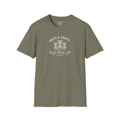 unisex adult T-shirt, Roots & Shoots, Garden shovel root leaf graphic, by 515Gear.com | Blue Ridge, GA | celebrate gardening