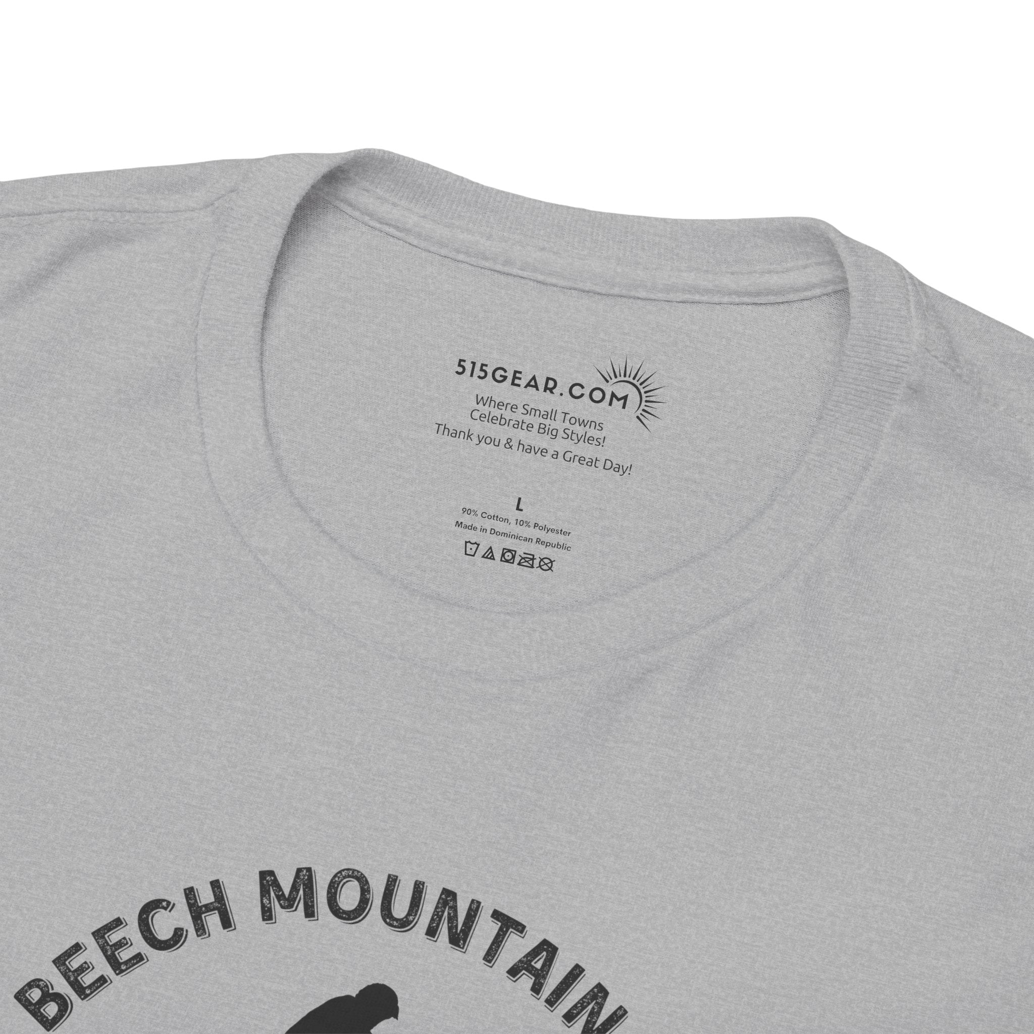Gray t-shirt with 'Beech Mountain' text and brand label on a white background