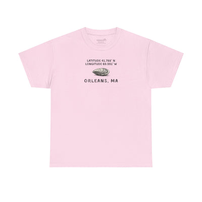 Pink t-shirt with oyster graphic and rustic text "Latitude 41.788 N, Longitude 69.991 W - Orleans, MA" 