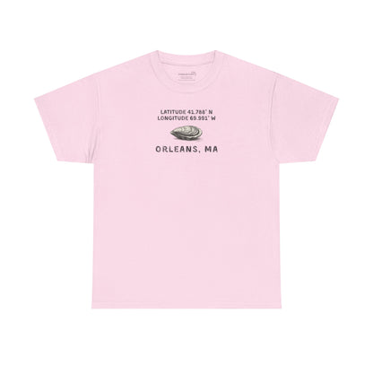 Pink t-shirt with oyster graphic and rustic text "Latitude 41.788 N, Longitude 69.991 W - Orleans, MA" 