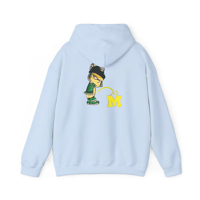 Light blue hoodie with Sparty cartoon character peeing on a block M