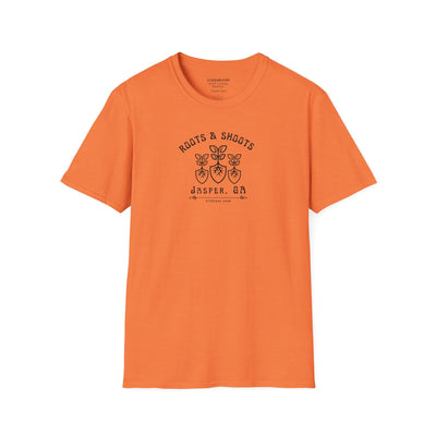 unisex adult T-shirt, Roots & Shoots, Garden shovel root leaf graphic, 515Gear.com | Jasper, GA | celebrate gardening