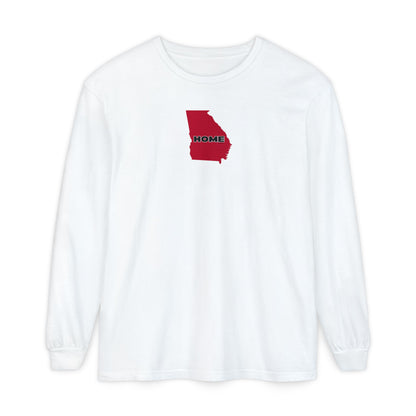 White Comfort Colors unisex heavy weight 100% cotton Georgia pride long-sleeve tee in school colors; State of Georgia graphic with text 'HOME'
