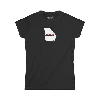 Black Women's Semi-fitted v-neck Tee, 100% cotton with State of Georgia graphic and text "Home" in Georgia Bulldog colors