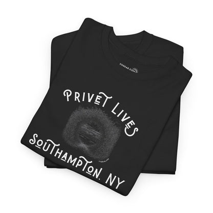 Black t-shirt with privet beach pathway illustration and text "Privet Lives - Southampton, NY"