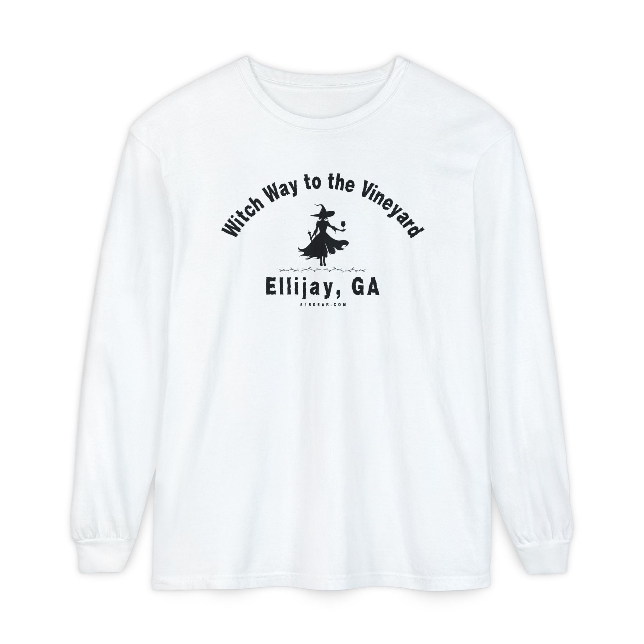 White long sleeve t-shirt by 515Gear.com with a halloween theme, witch with wine glass graphic and text "Witch Way to the Vineyard - Ellijay, GA"
