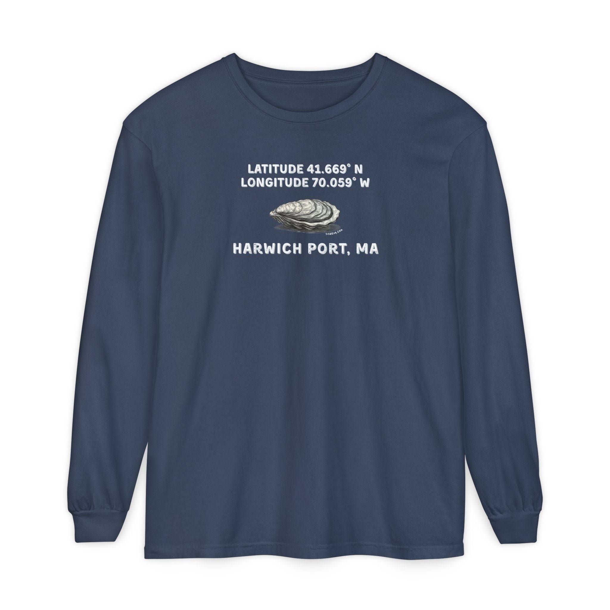 Navy blue unisex long-sleeve t-shirt with text "Latitude 41.669 N Longitude 70.058 W - Harwich Port, MA" and oyster graphic