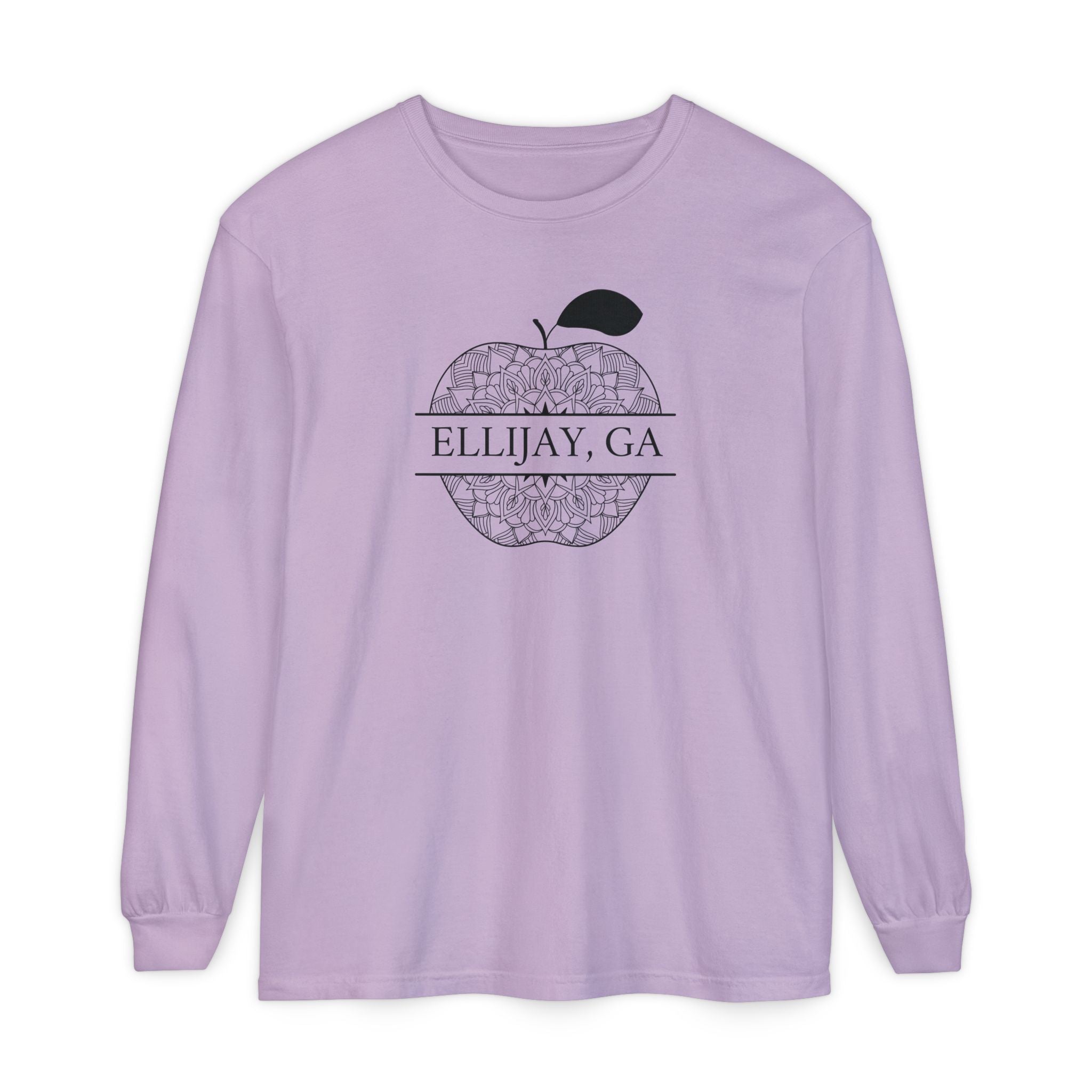 Lavender Comfort Color long sleeve t-shirt with an apple design and 'Eliijay, GA' text 