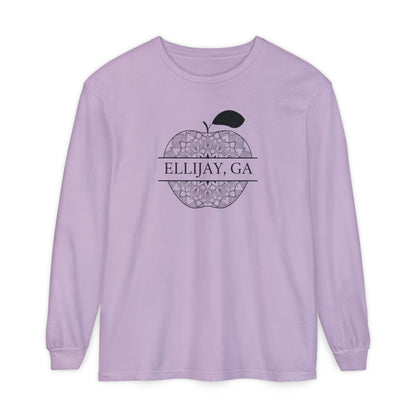 Lavender Comfort Color long sleeve t-shirt with an apple design and 'Eliijay, GA' text 
