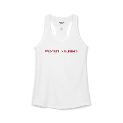 White women's Racerback tank top with text Galentine’s over Valentine’s 