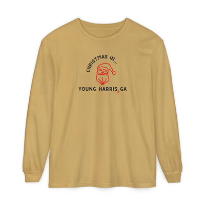 Mustard long-sleeve unisex Comfort Colors t-shirt with Christmas graphic and text "Christmas in Young Harris, GA"