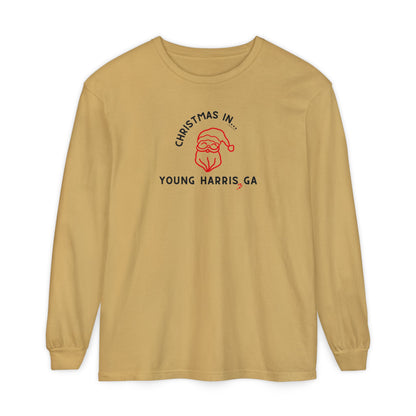 Mustard long-sleeve unisex Comfort Colors t-shirt with Christmas graphic and text "Christmas in Young Harris, GA"