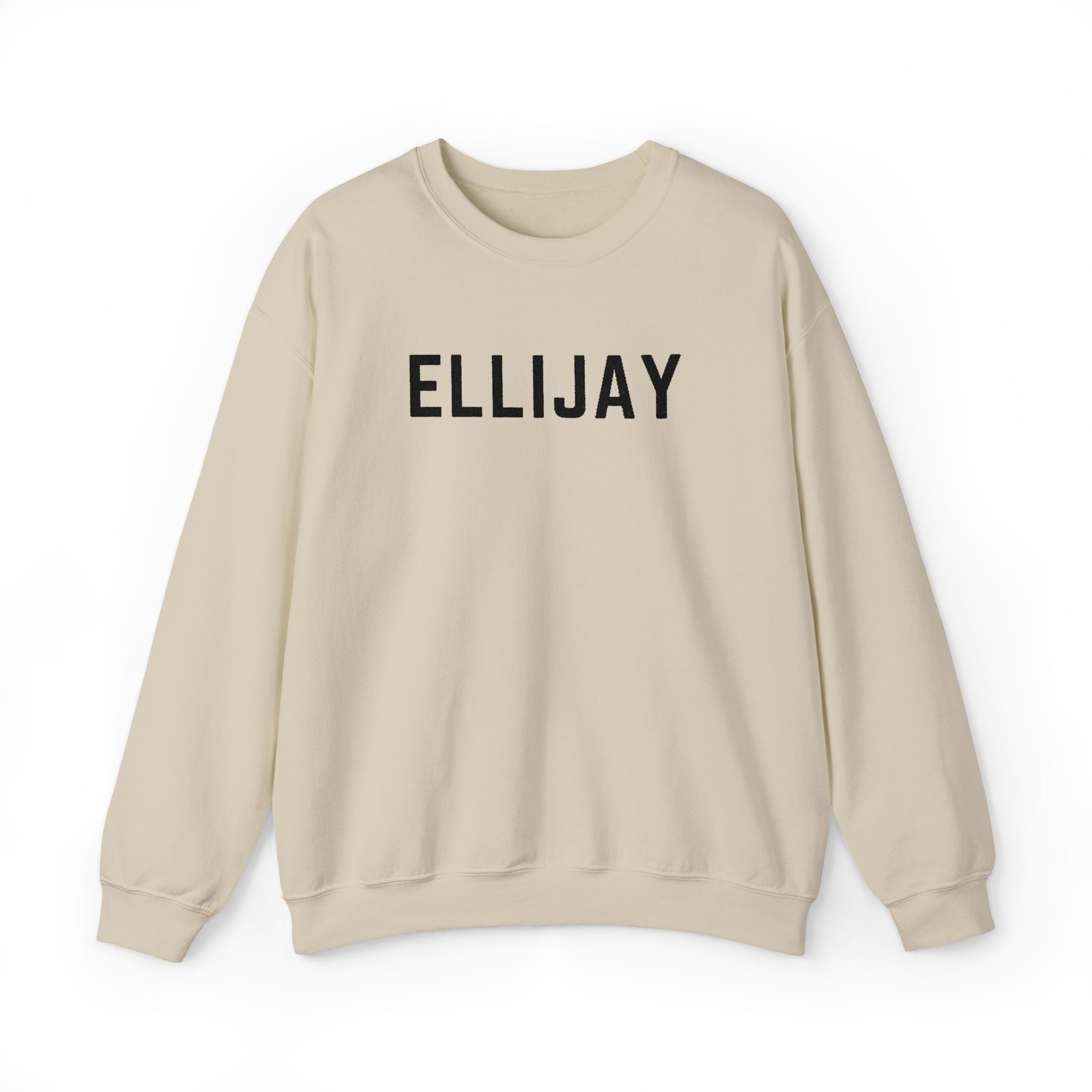 Beige sweatshirt with 'ELLIJAY' embroidered in black