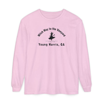 Pink long sleeve t-shirt with sassy witch graphic holding a glass of wine and text "Witch Way to the Vineyard - Young Harris  GA" by 515Gear.com