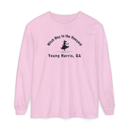 Pink long sleeve t-shirt with sassy witch graphic holding a glass of wine and text "Witch Way to the Vineyard - Young Harris  GA" by 515Gear.com