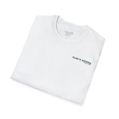 White t-shirt with a small logo on a white background