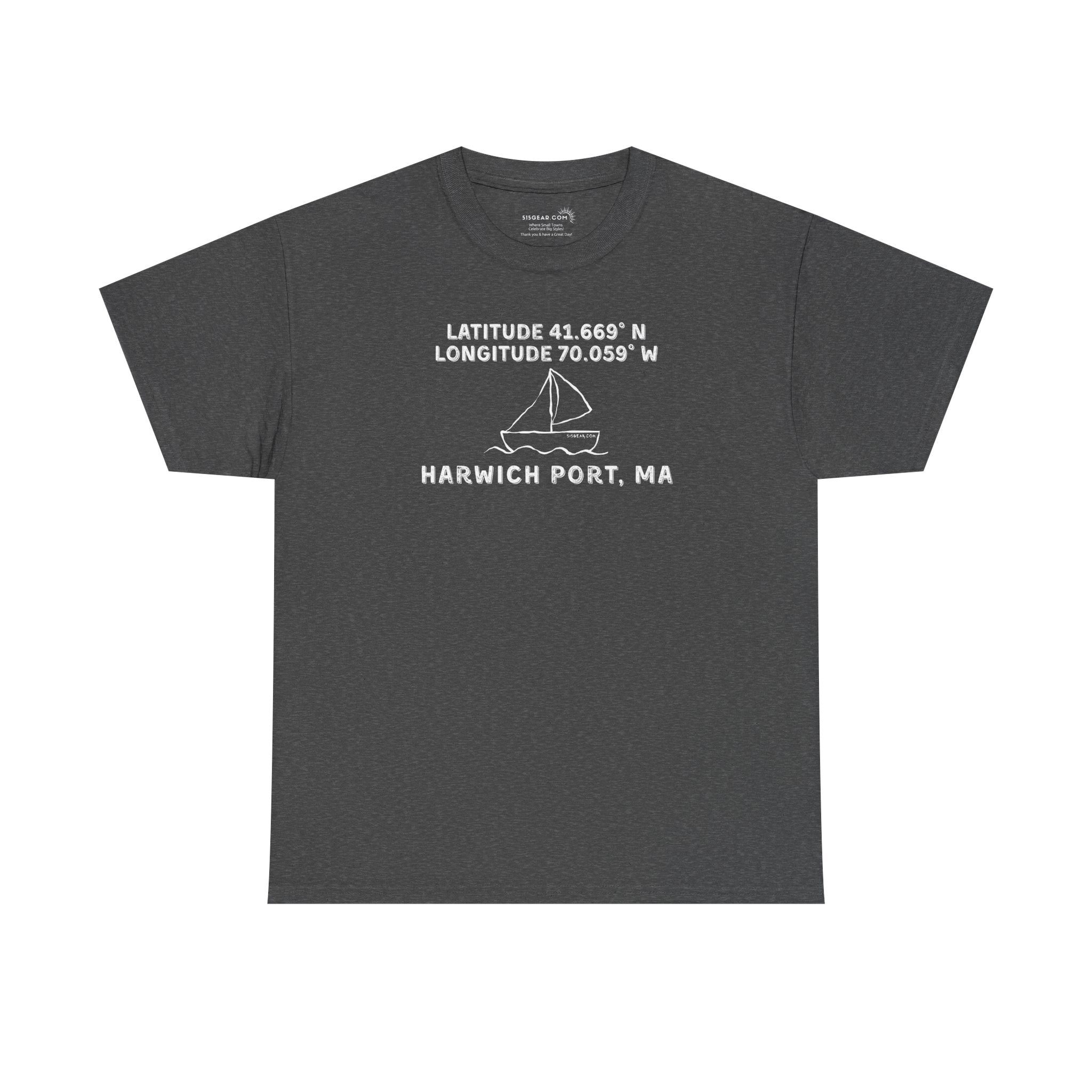 Dark gray t-shirt with text "Latitude 41.669 N Longitude 70.058 W - Harwich Port, MA" and sailboat graphic