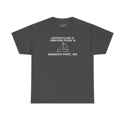 Dark gray t-shirt with text "Latitude 41.669 N Longitude 70.058 W - Harwich Port, MA" and sailboat graphic
