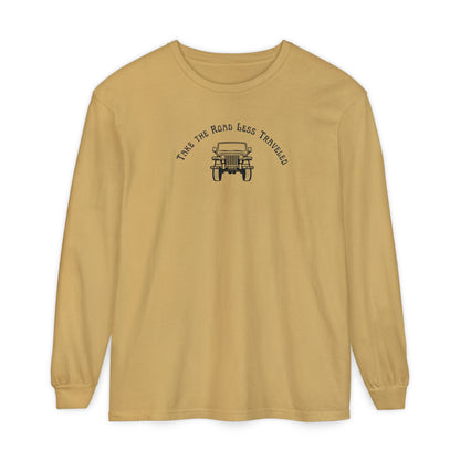 Beige long sleeve t-shirt with Jeep graphic and text "Take the Road Less Traveled"