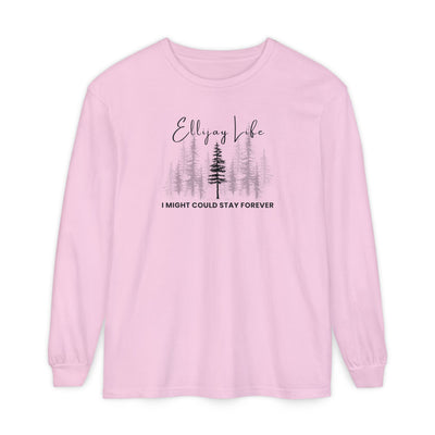 Pink comfort colors long sleeve t-shirt with nature-themed graphic and text "Ellijay Life - I Might Could Stay Forever"  
