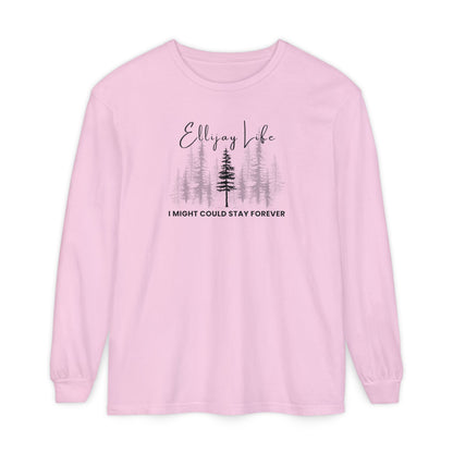 Pink comfort colors long sleeve t-shirt with nature-themed graphic and text "Ellijay Life - I Might Could Stay Forever"  