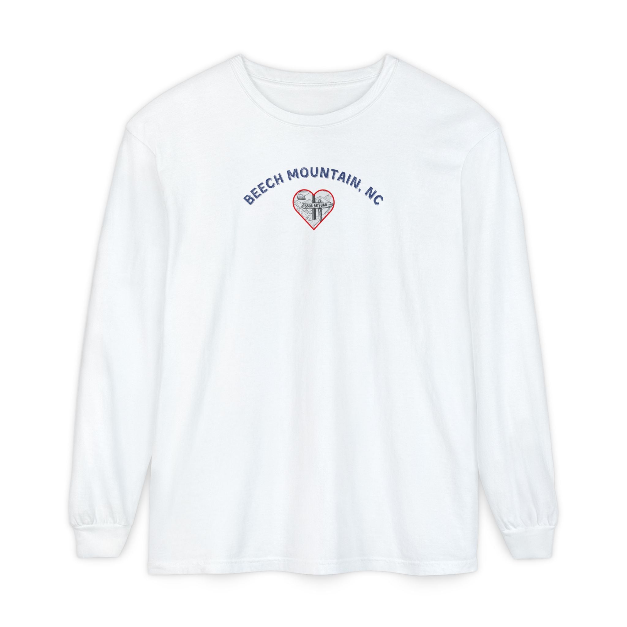 White Comfort Colors® long-sleeve tee with a heart-shaped illustration of Beech Mountain’s slopes, chairlift, and sign pointing to 5506 Skybar 
