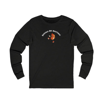 Black long-sleeve shirt with a hotdog graphic and text "Delicious Not Nutritious"