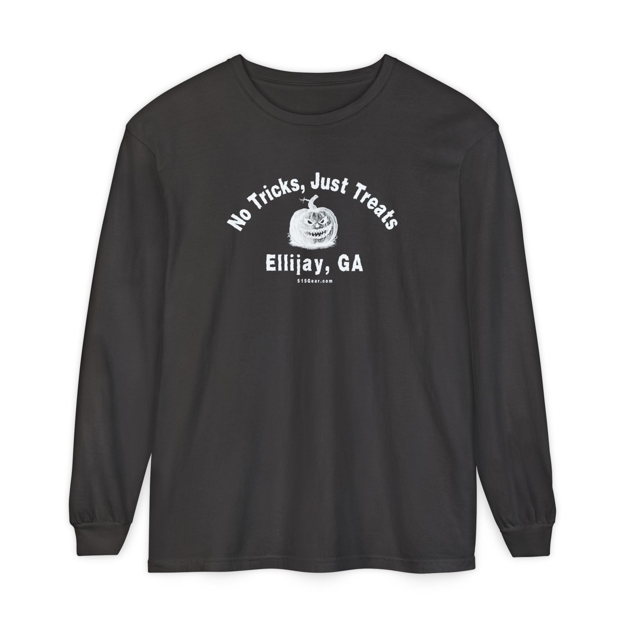 Grey comfort colors long sleeve tee with Halloween-themed design "No Tricks, Just Treats - Ellijay, GA" by 515Gear.com