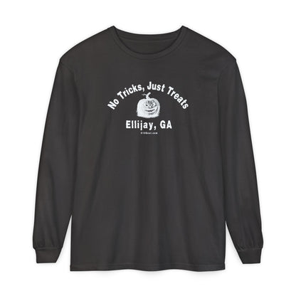 Grey comfort colors long sleeve tee with Halloween-themed design "No Tricks, Just Treats - Ellijay, GA" by 515Gear.com