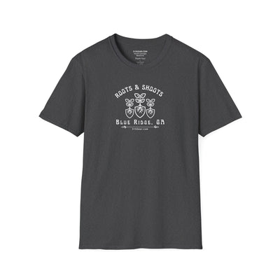 unisex adult T-shirt, Roots & Shoots, Garden shovel root leaf graphic, by 515Gear.com | Blue Ridge, GA | celebrate gardening
