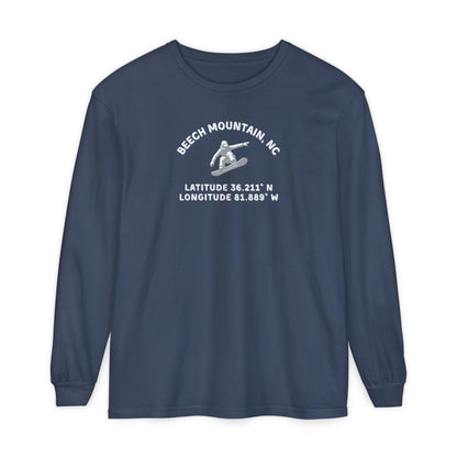 Navy blue long sleeve tee with Snowboarder mid-air and text 'Beech Mountain, NC Latitude 36.211' N Longitude 81.889' W