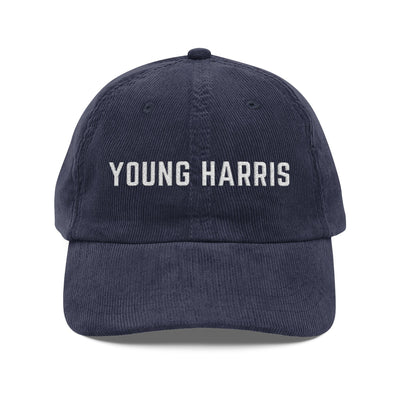 Navy corduroy hat with white 'YOUNG HARRIS' text embroidered by 515Gear.com
