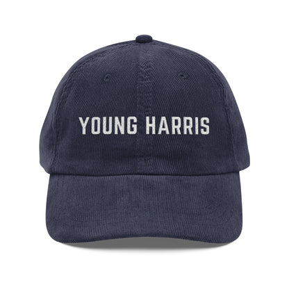 Navy corduroy hat with white 'YOUNG HARRIS' text embroidered by 515Gear.com