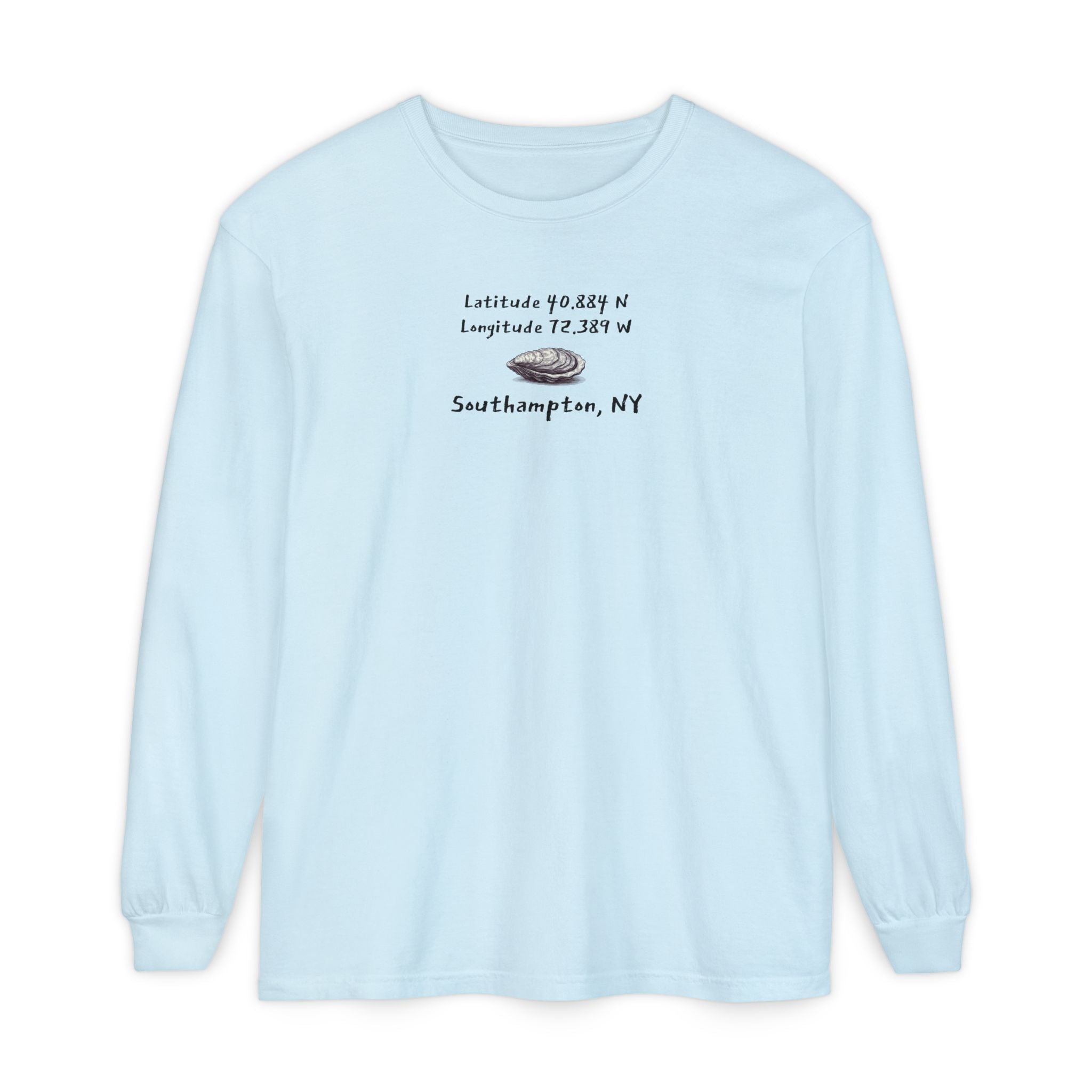 Light blue sweatshirt with an oyster graphic and the latitude & longitude for Southampton, NY