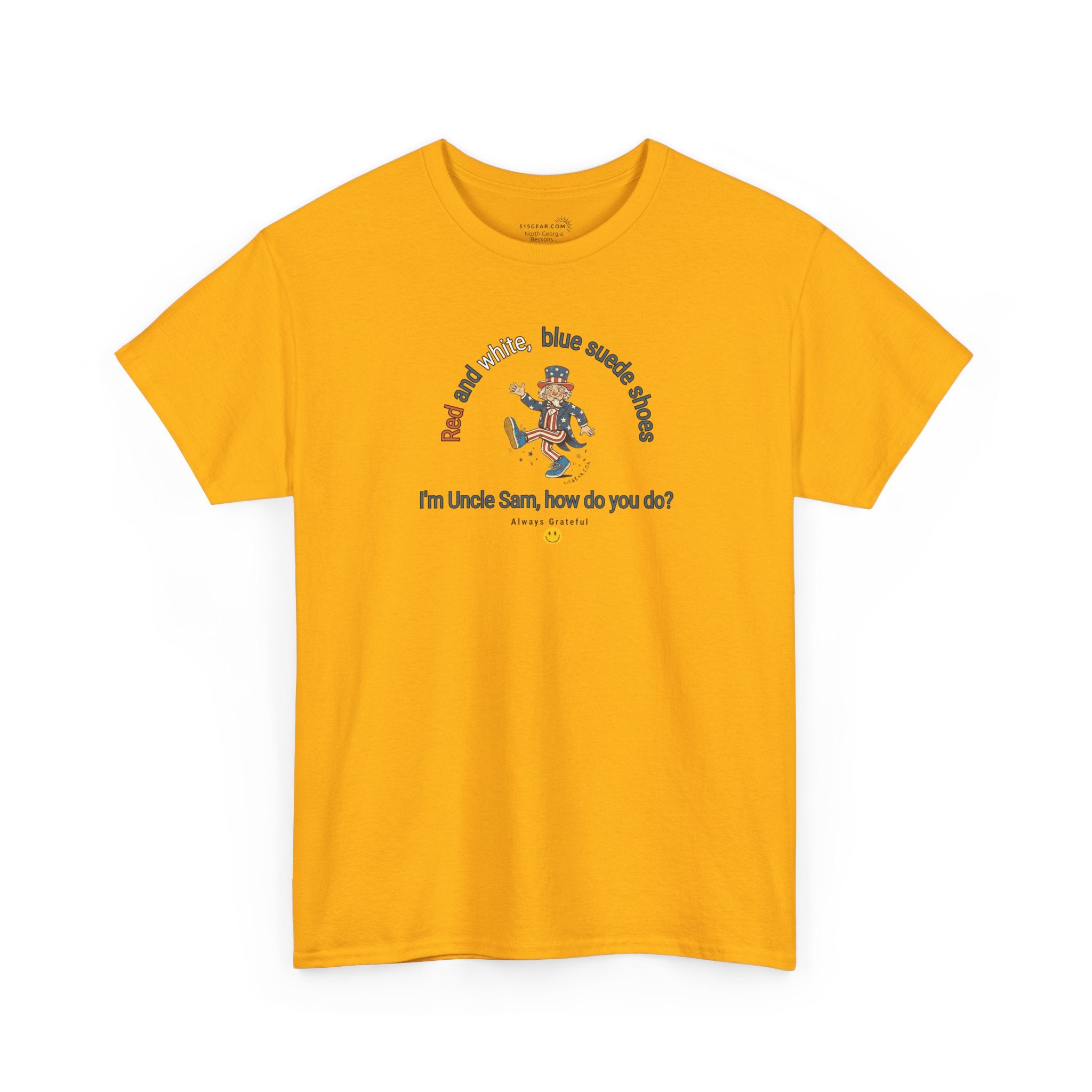 Yellow  t-shirt with July 4th dancing Uncle Sam and text 