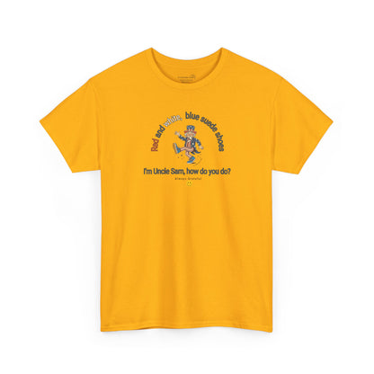 Yellow  t-shirt with July 4th dancing Uncle Sam and text 