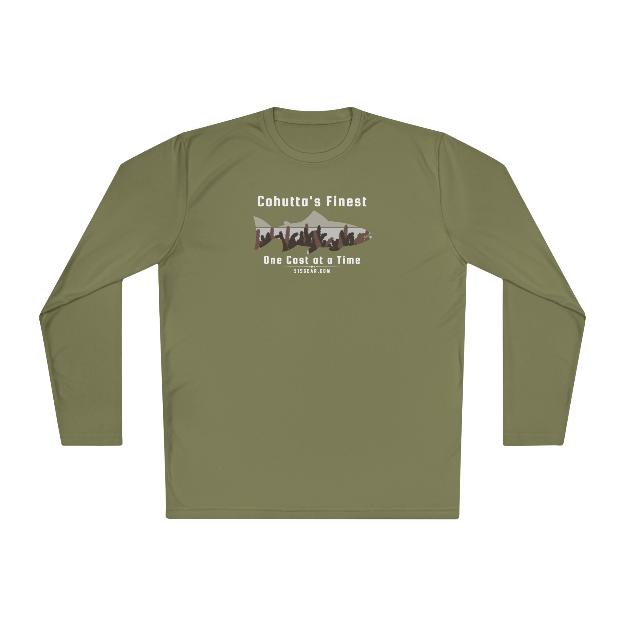Green long-sleeve performance moisture wicking t-shirt with fishing theme saying Cohutta's Finest One Cast at a Time by 515Gear.com