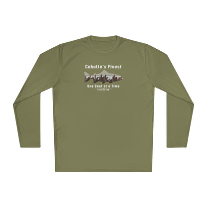 Green long-sleeve performance moisture wicking t-shirt with fishing theme saying Cohutta's Finest One Cast at a Time by 515Gear.com