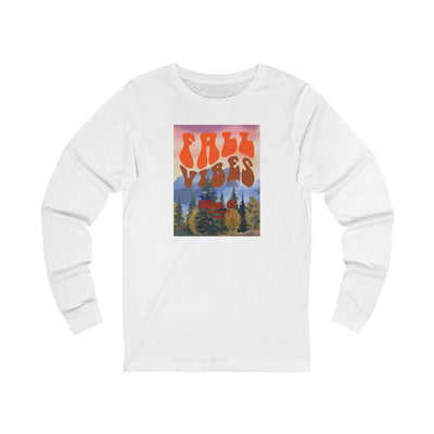 White long-sleeve shirt with outdoors graphic and text  'Fall Vibes Ellijay GA - Apple Capital of Georgia" 