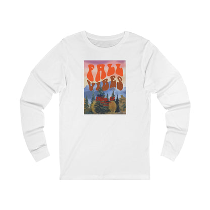 White long-sleeve shirt with outdoors graphic and text  'Fall Vibes Ellijay GA - Apple Capital of Georgia" 