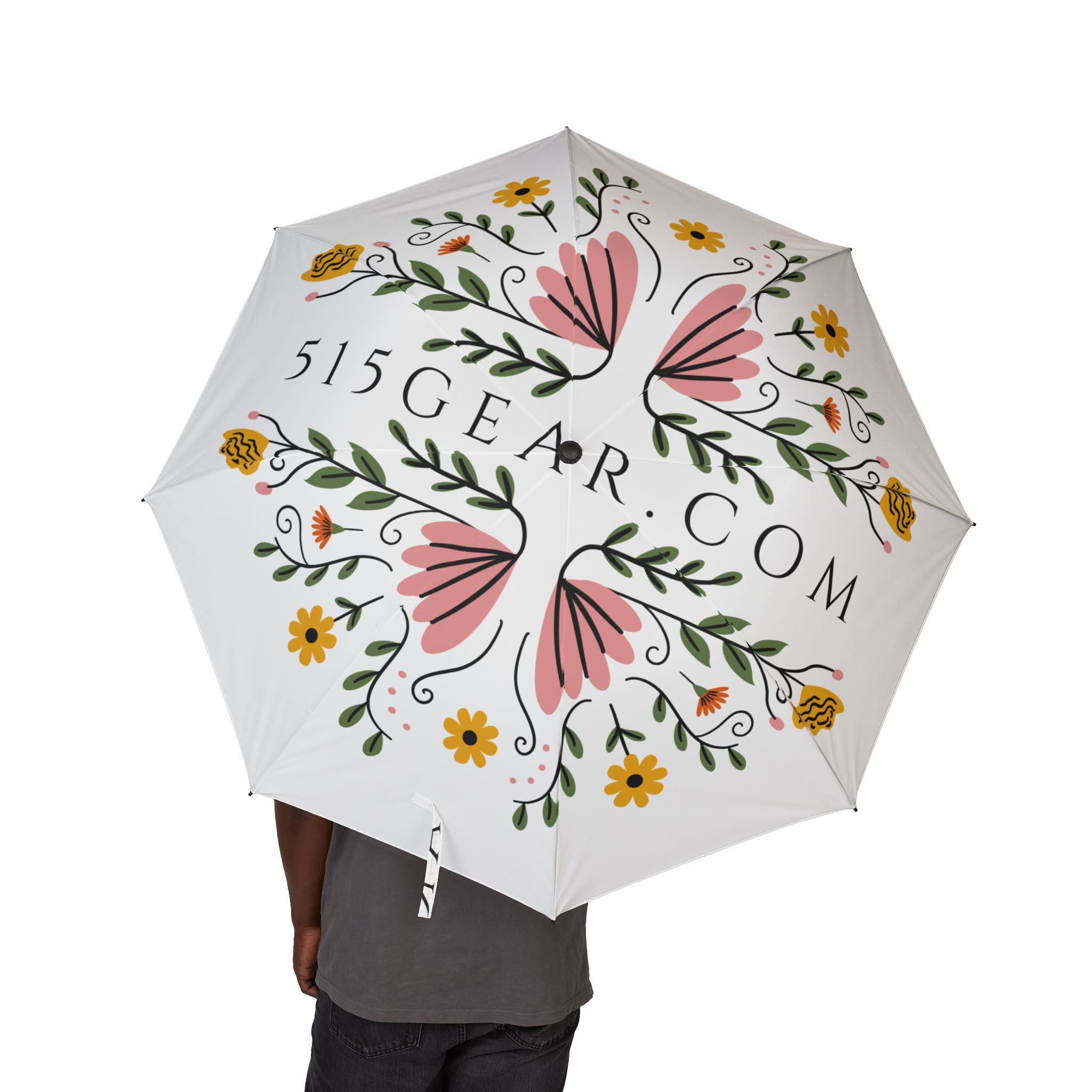 Umbrella with floral design and '515GEAR.COM' text on a white background