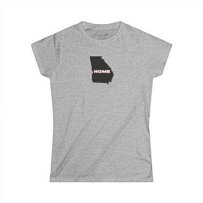 Gray Women's Semi-fitted v-neck Tee, 100% cotton with State of Georgia graphic and text "Home" in Georgia Bulldog colors