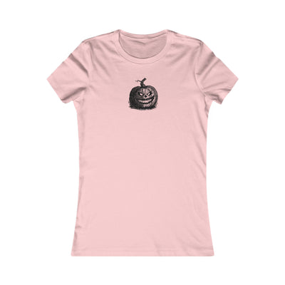 Pink women's t-shirt with a white halloween jack-o-lantern pumpkin graphic by 515Gear.com