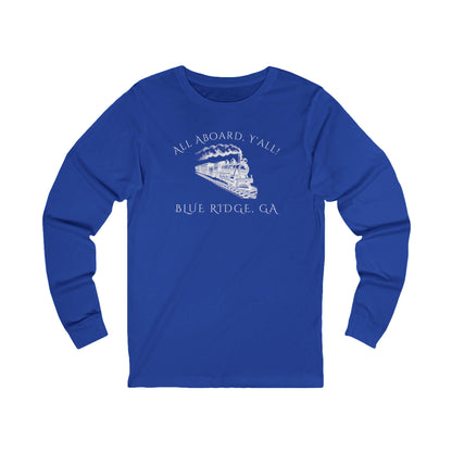 Royal Blue long-sleeve shirt with train graphic and text "All Aboard, Y'all - Blue Ridge, GA" 