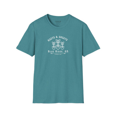 unisex adult T-shirt, Roots & Shoots, Garden shovel root leaf graphic, by 515Gear.com | Blue Ridge, GA | celebrate gardening