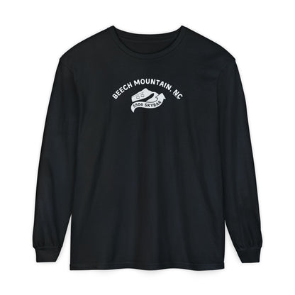 Black Comfort Colors long-sleeve t-shirt with 'Beech Mountain, NC - 5506 Skybar' text and mountain lift graphic