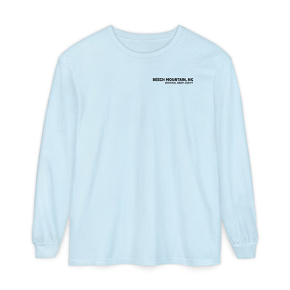 Light blue long-sleeve Comfort Color t-shirt with text Beech Mountain NC Vertical Drop  830 ft