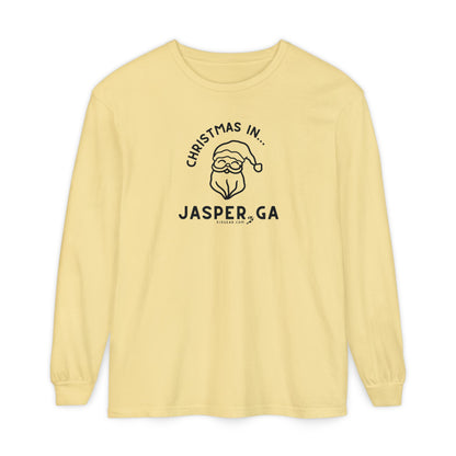 Yellow Comfort Colors Long Sleeve Tee with red Santa Claus graphic and "Jasper, GA" text by 515Gear.com